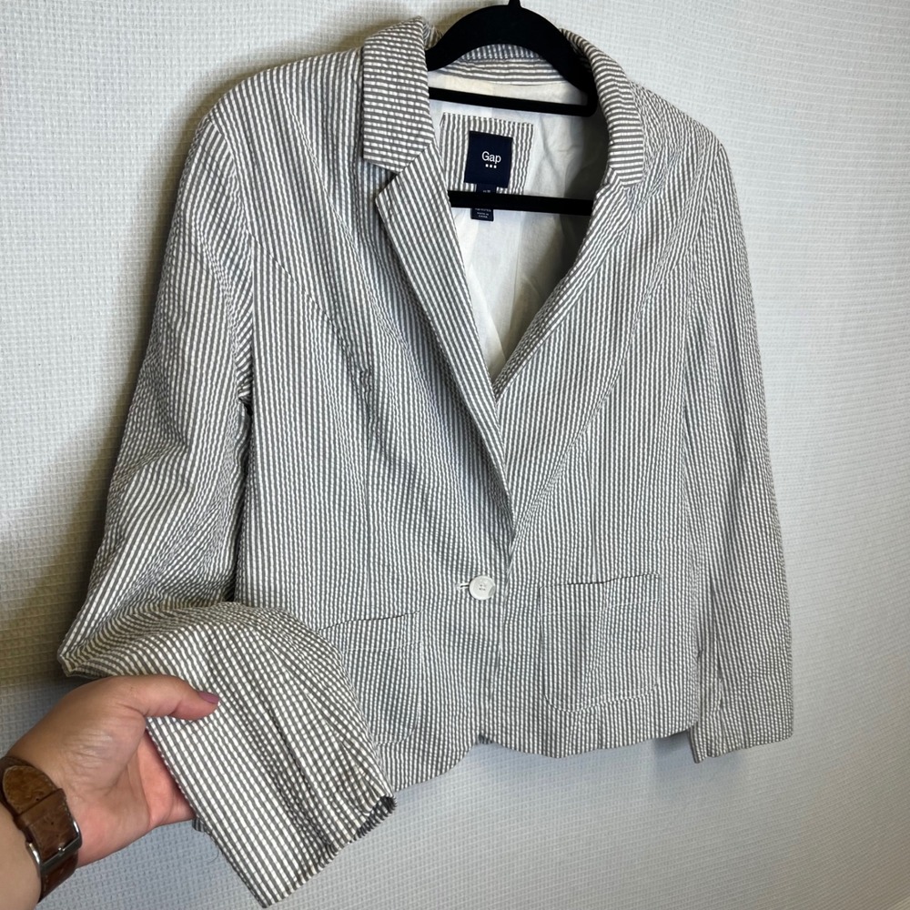Gap Womens Grey White Seersucker Striped Cotton Blazer Jacket Size 10